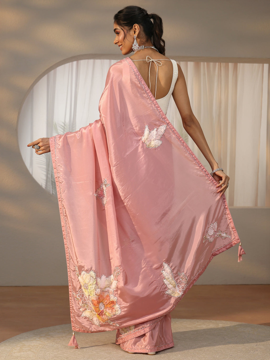 Mameraa Rose Pink Floral Applique Design Satin Saree