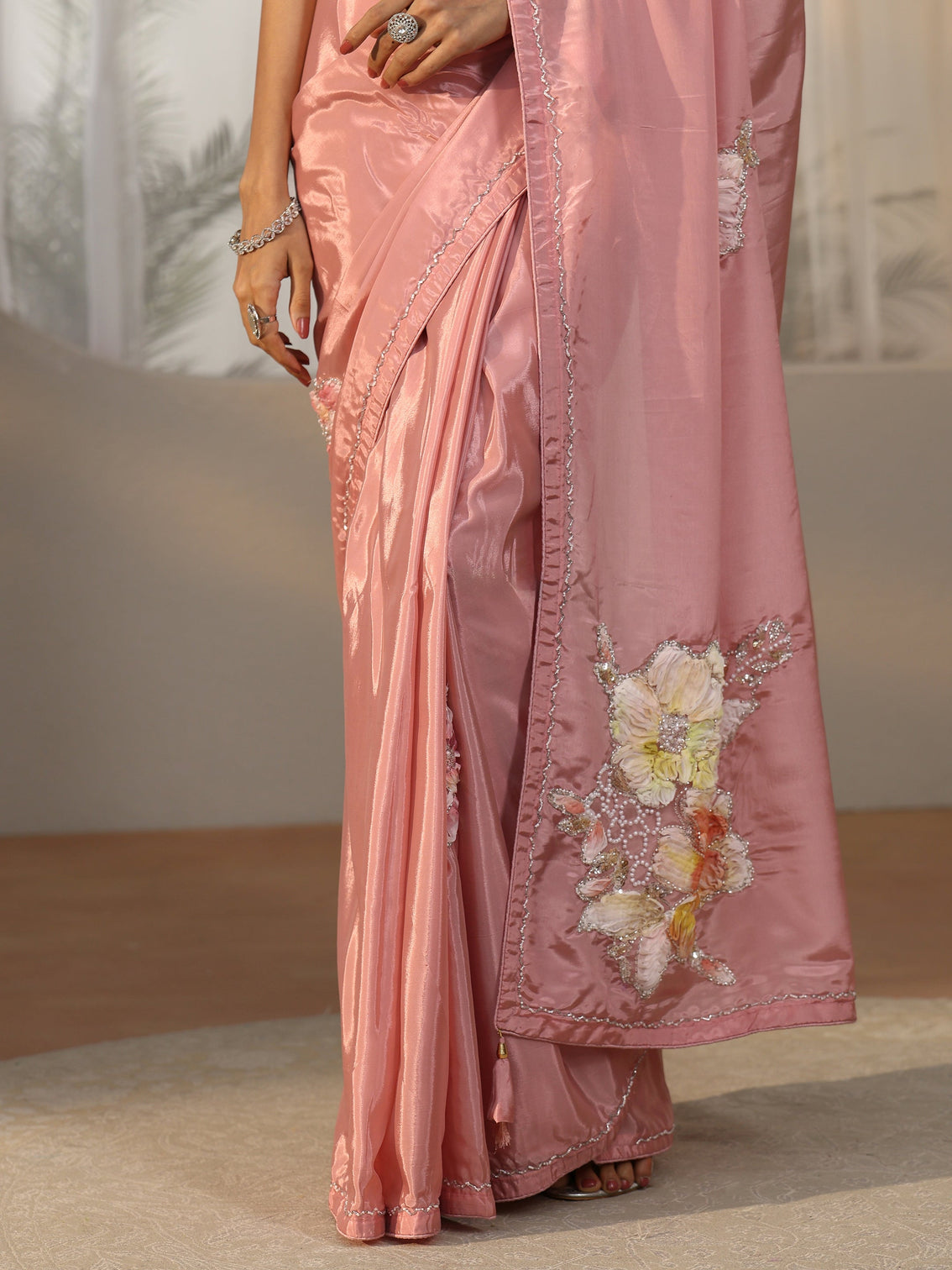 Mameraa Rose Pink Floral Applique Design Satin Saree