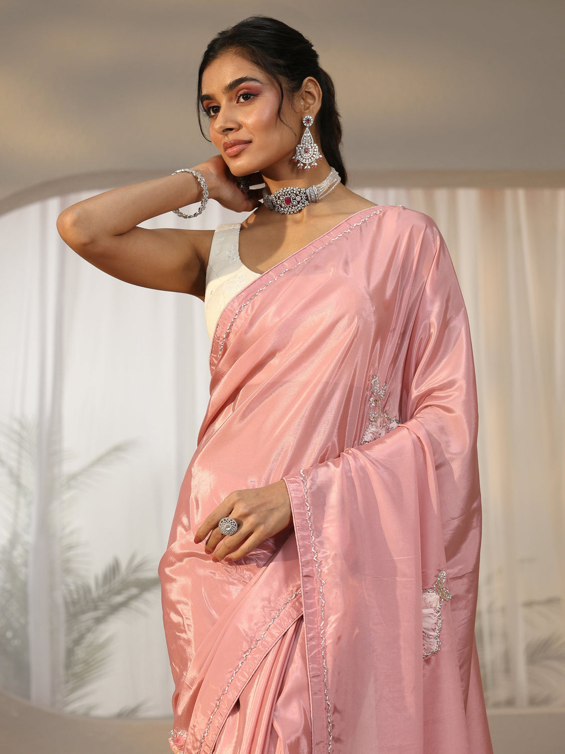 Mameraa Rose Pink Floral Applique Design Satin Saree