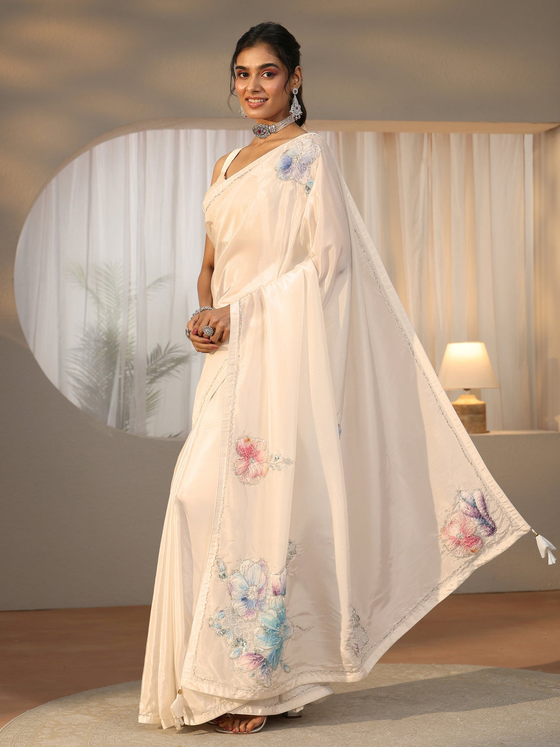 Mameraa Cream Floral Applique Design Satin Saree