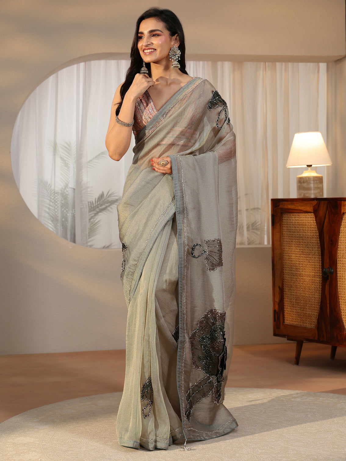 Mameraa Art Mameraa Art Blue Sequined Floral Applique Tissue Saree