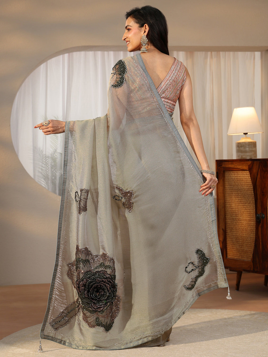 Mameraa Art Mameraa Art Blue Sequined Floral Applique Tissue Saree