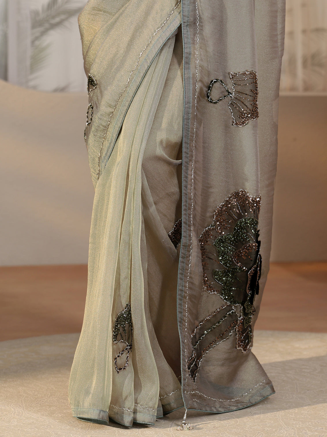 Mameraa Art Mameraa Art Blue Sequined Floral Applique Tissue Saree