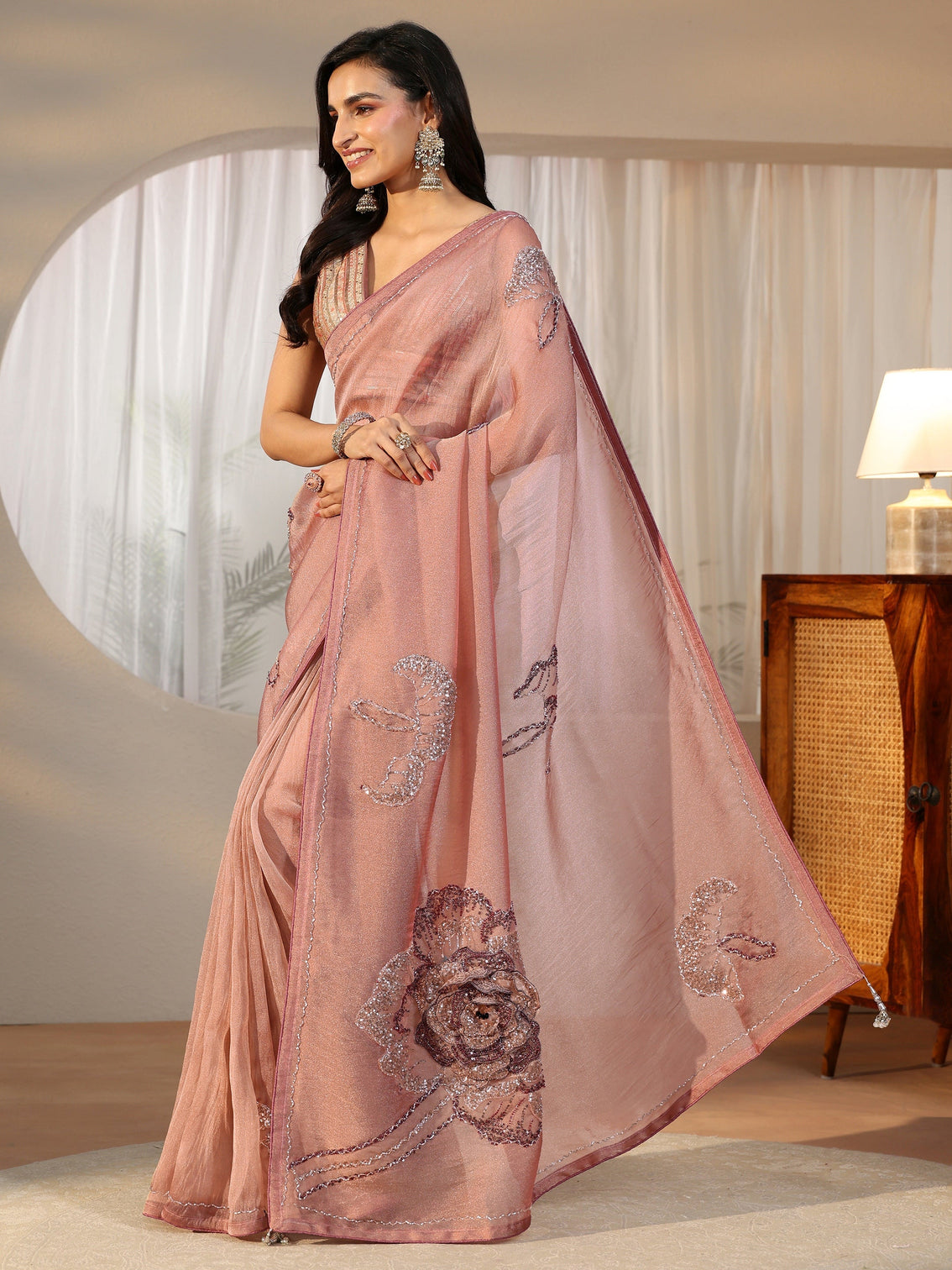 Mameraa Art Mameraa Art Peach Pink Sequined Floral Applique Tissue Saree