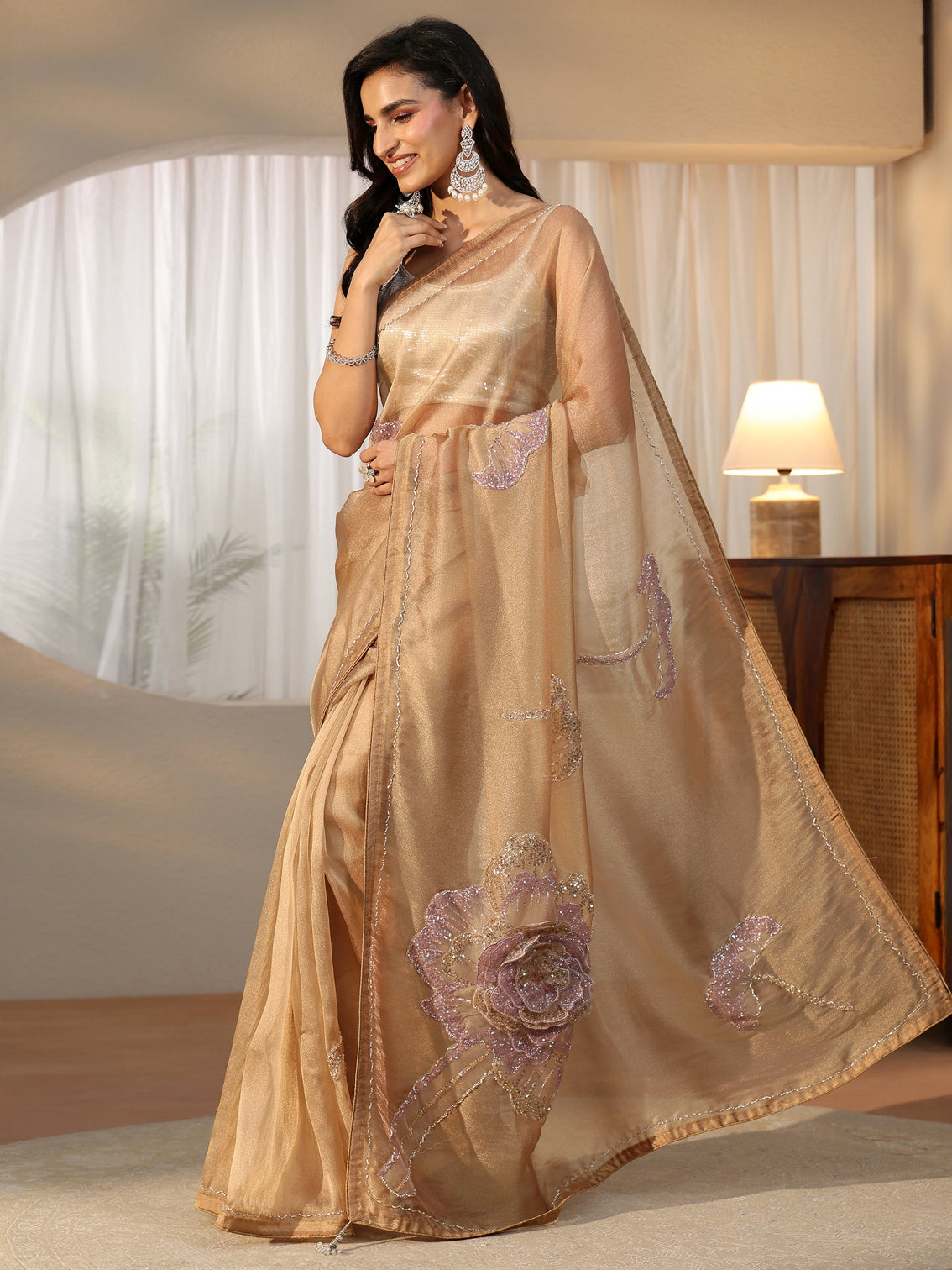 Mameraa Art Mameraa Art Gold Sequined Floral Applique Tissue Saree