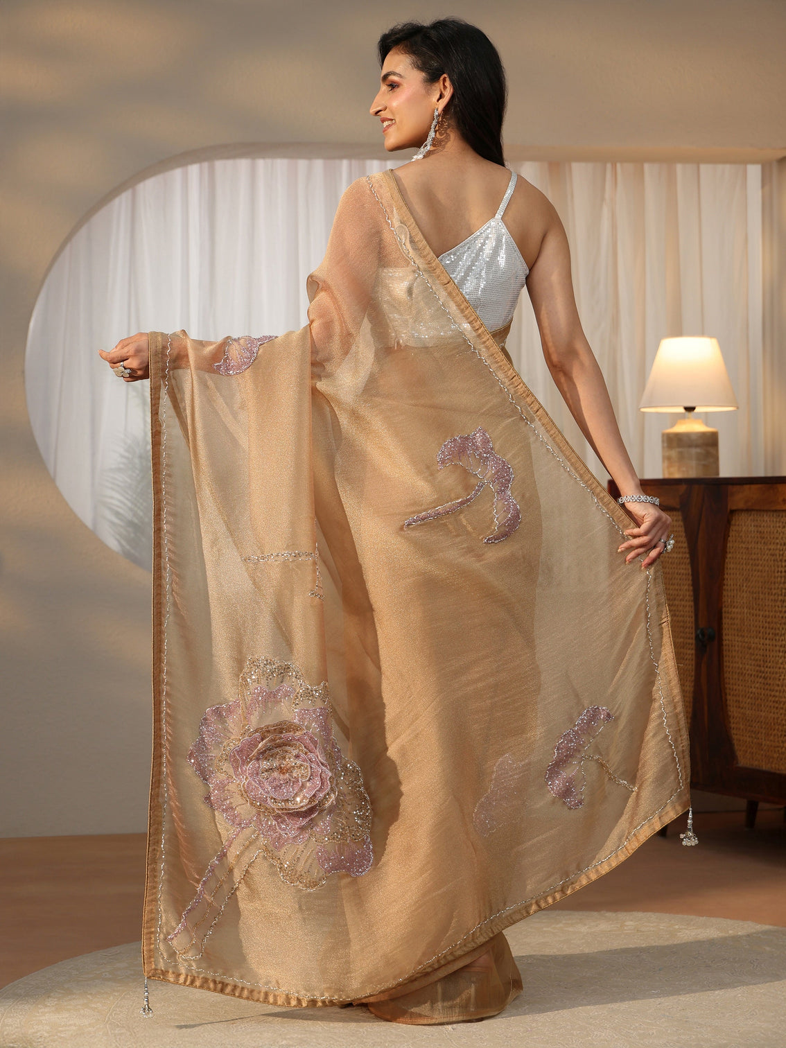 Mameraa Art Mameraa Art Gold Sequined Floral Applique Tissue Saree