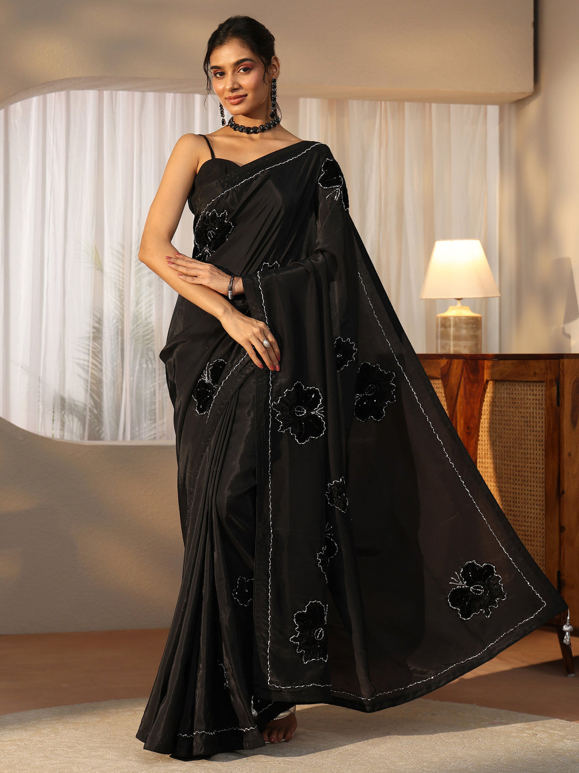 Mameraa Black Floral Applique Design Satin Saree