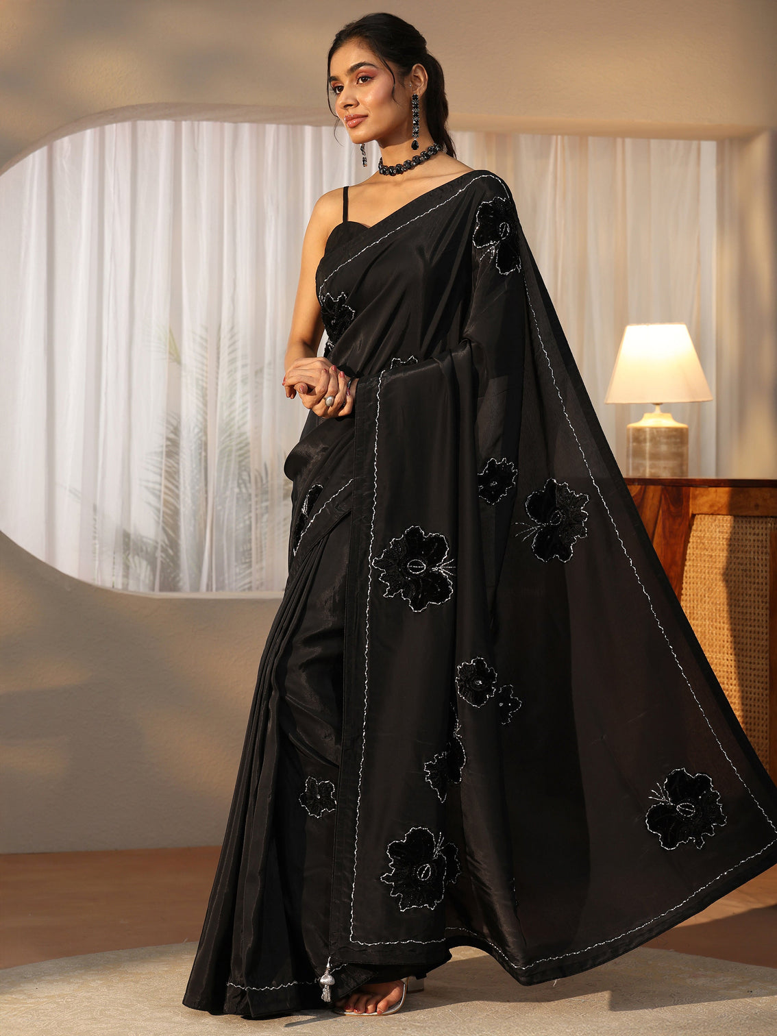 Mameraa Black Floral Applique Design Satin Saree