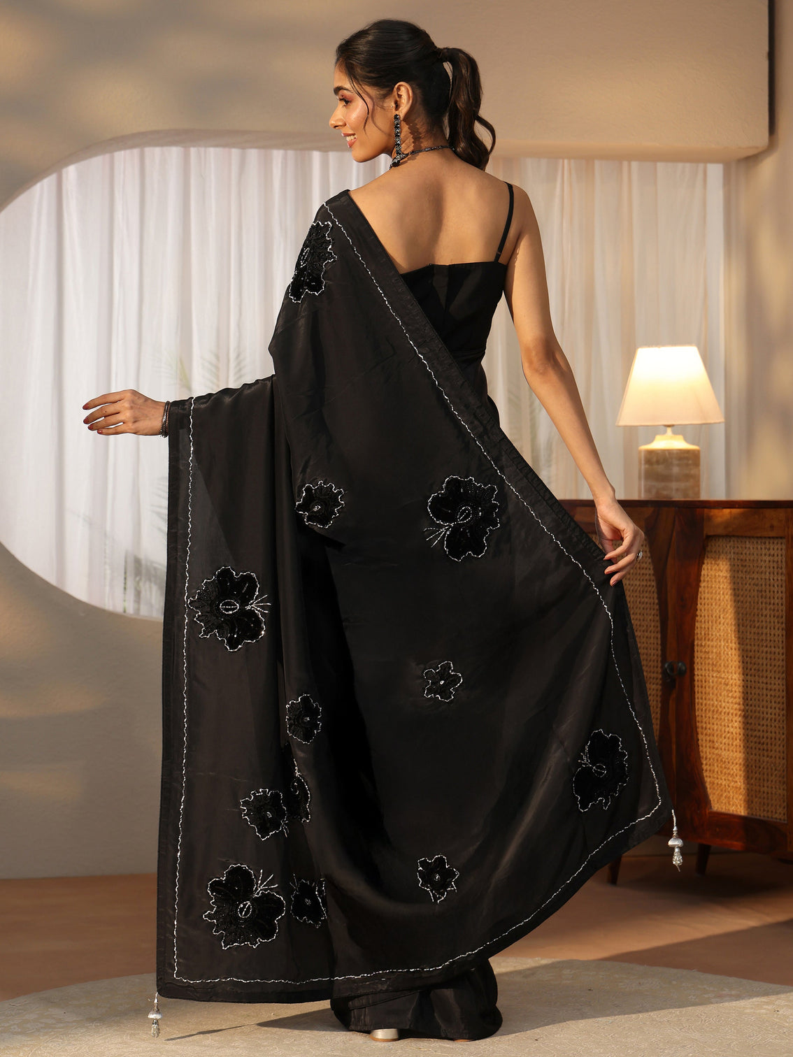 Mameraa Black Floral Applique Design Satin Saree