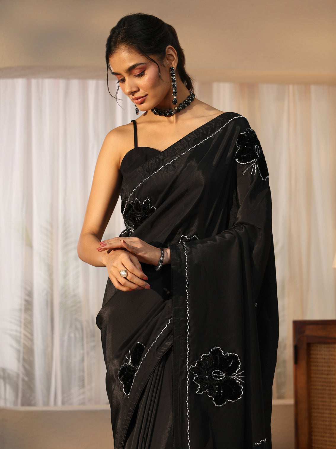 Mameraa Black Floral Applique Design Satin Saree