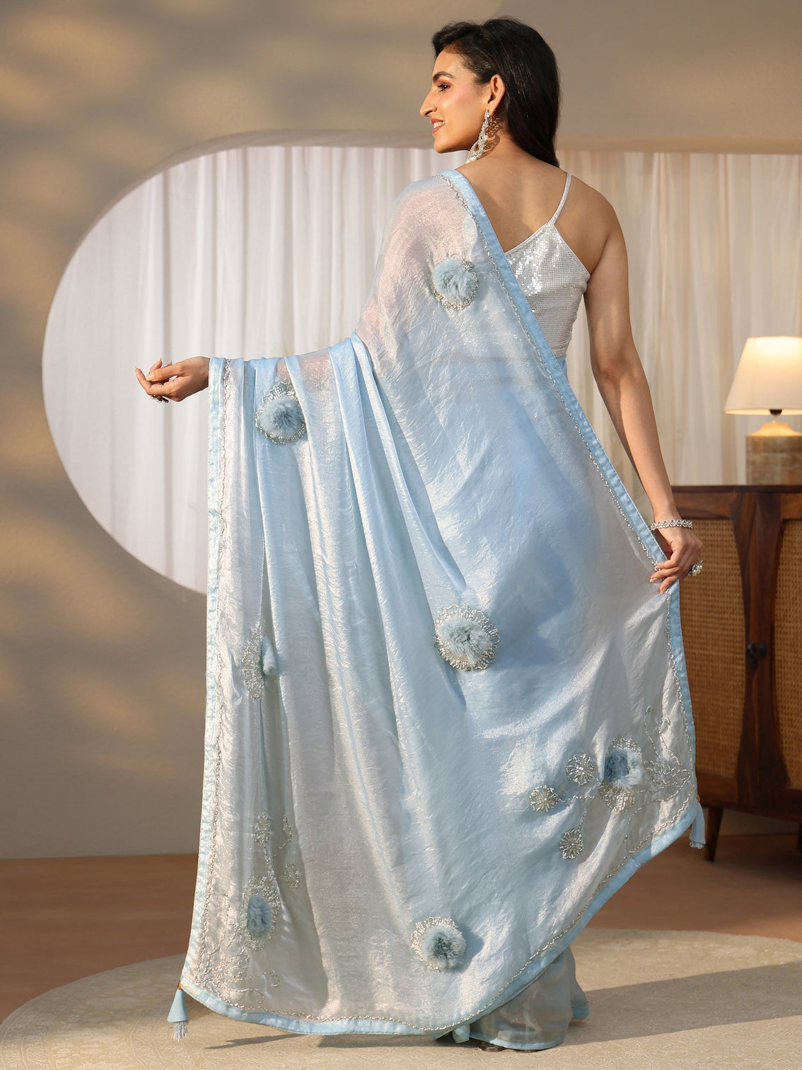Mameraa Icy Blue 3D Beaded Applique Tissue Saree