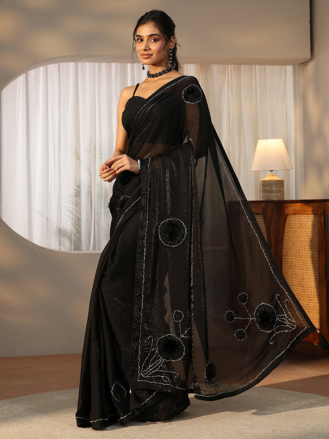 Mameraa Black 3D Beaded Applique Tissue Saree