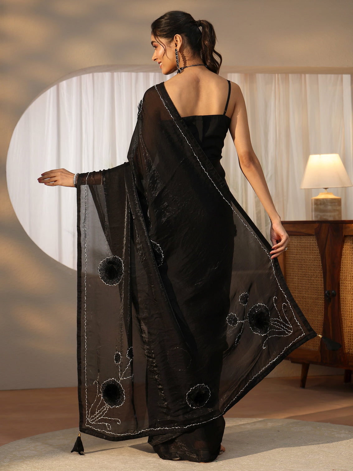 Mameraa Black 3D Beaded Applique Tissue Saree