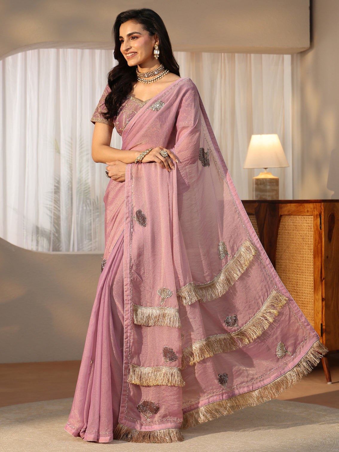 Mameraa Lilac Tissue Saree with Tassel Embellished Pallu