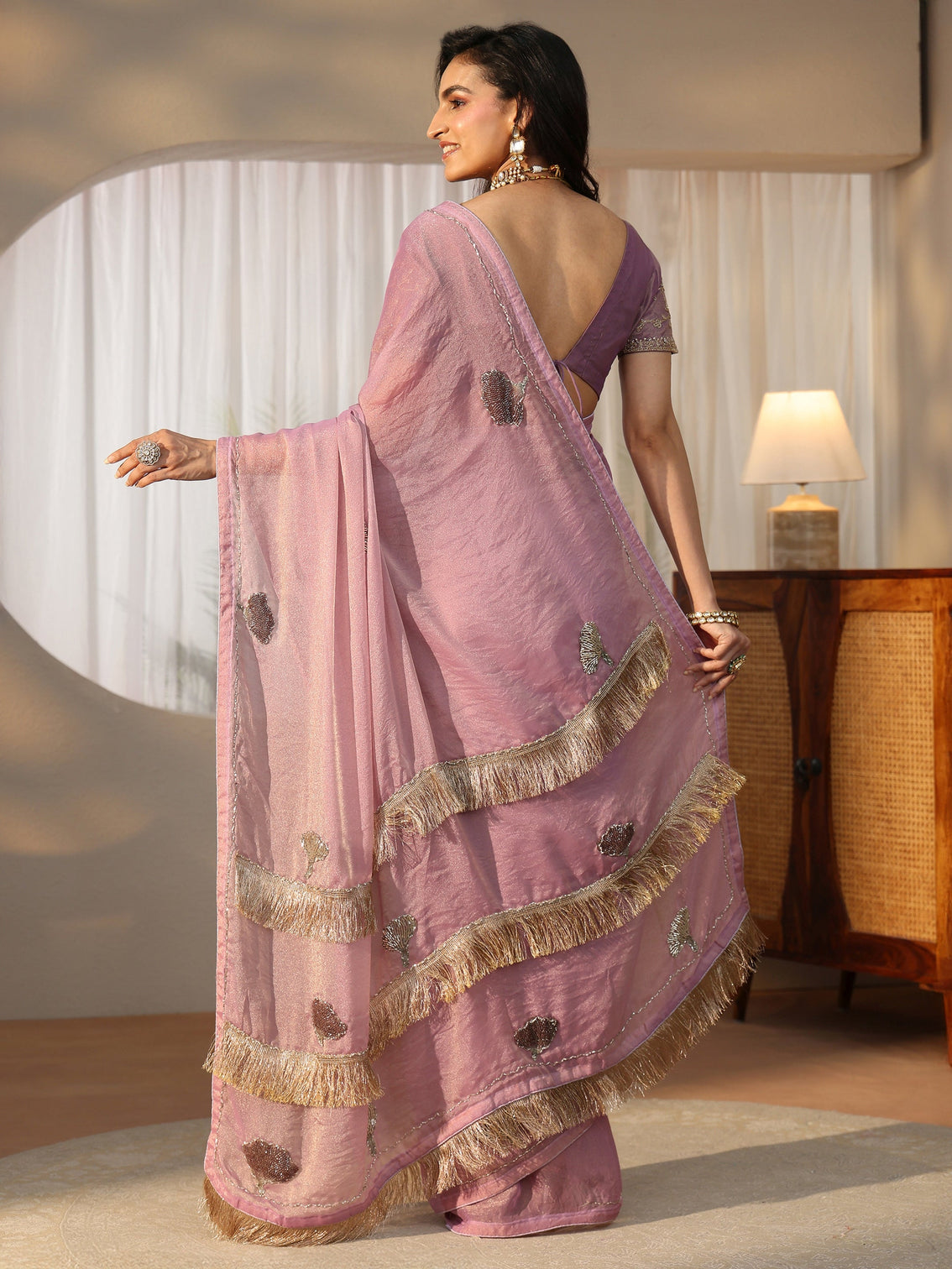 Mameraa Lilac Tissue Saree with Tassel Embellished Pallu