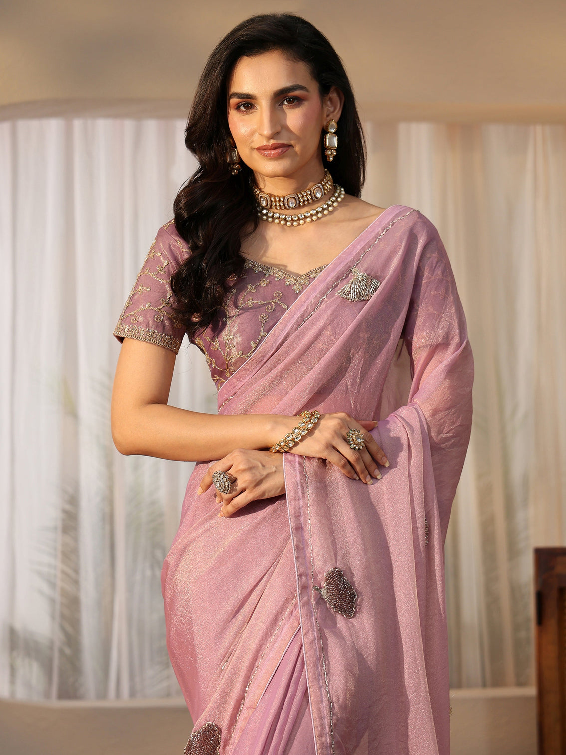 Mameraa Lilac Tissue Saree with Tassel Embellished Pallu
