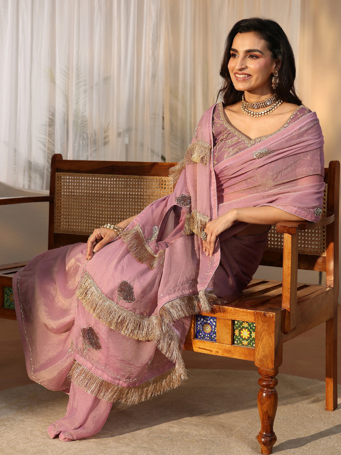 Mameraa Lilac Tissue Saree with Tassel Embellished Pallu