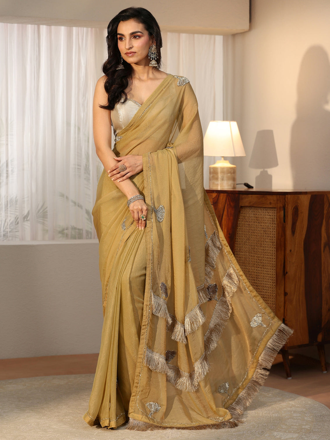 Mameraa Henna Green Tissue Saree with Tassel Embellished Pallu
