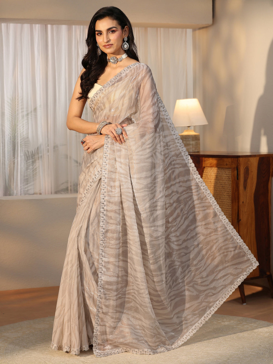 Mameraa Off White Wavy Textured Tissue Saree