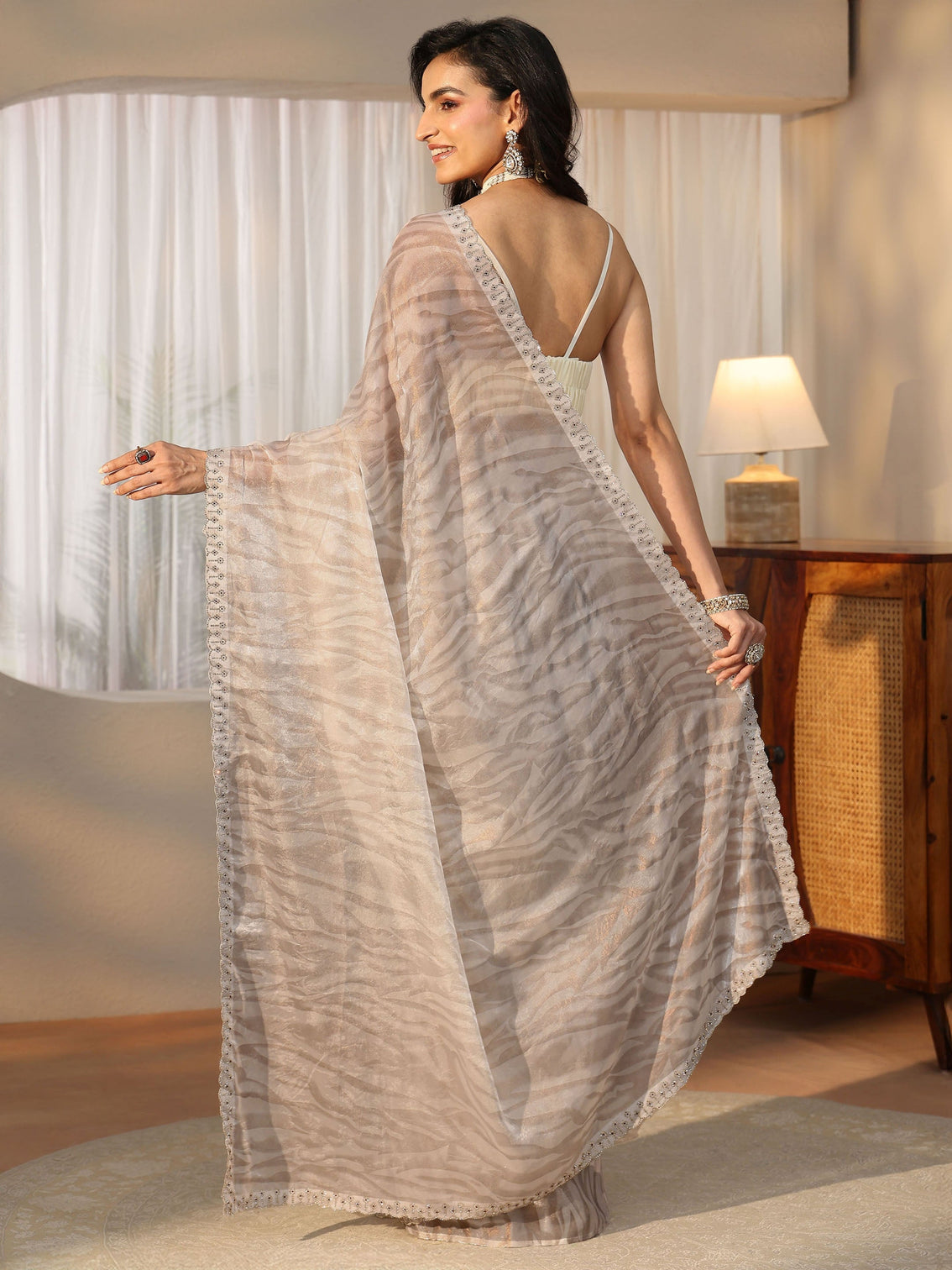 Mameraa Off White Wavy Textured Tissue Saree