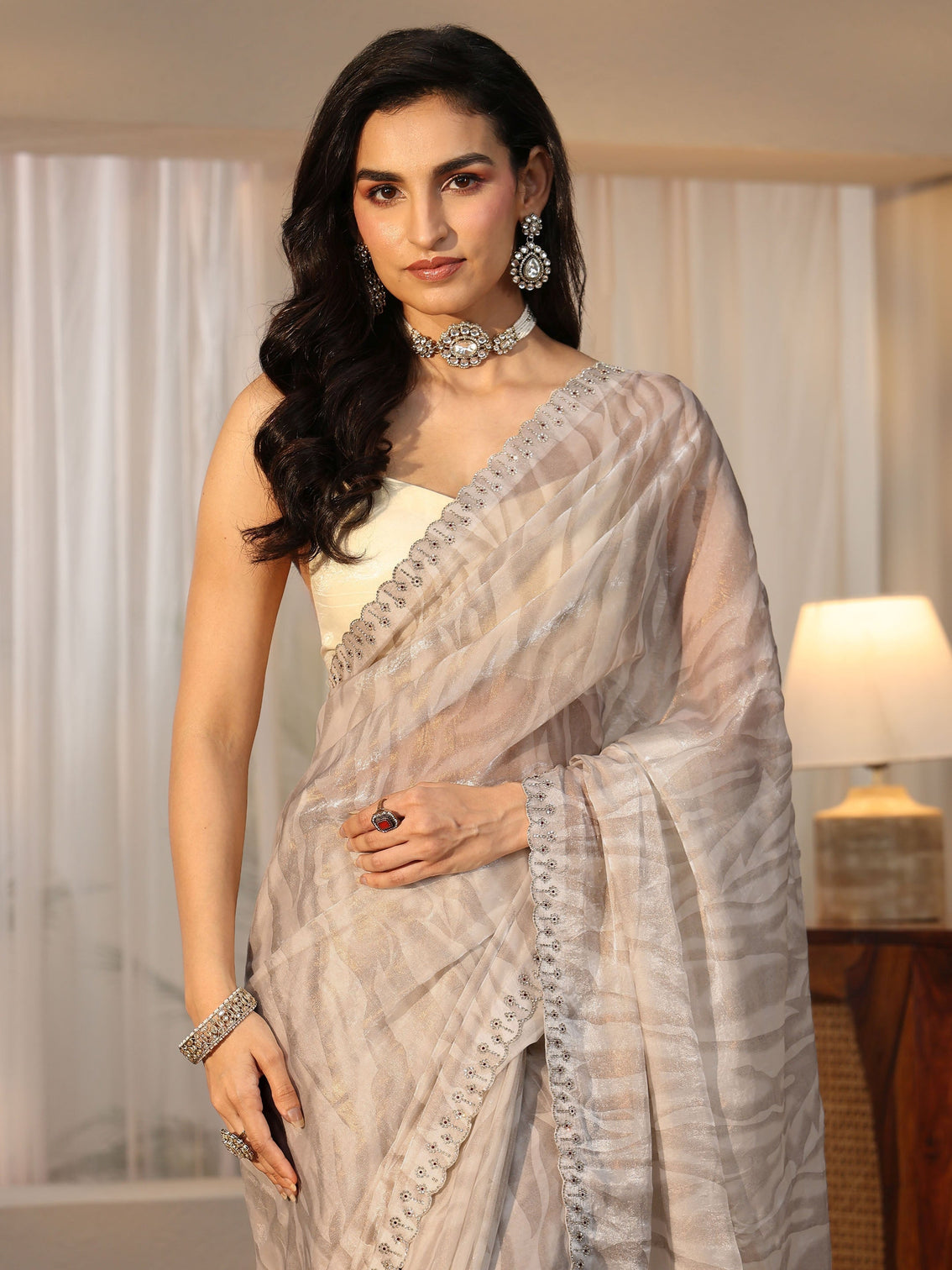 Mameraa Off White Wavy Textured Tissue Saree