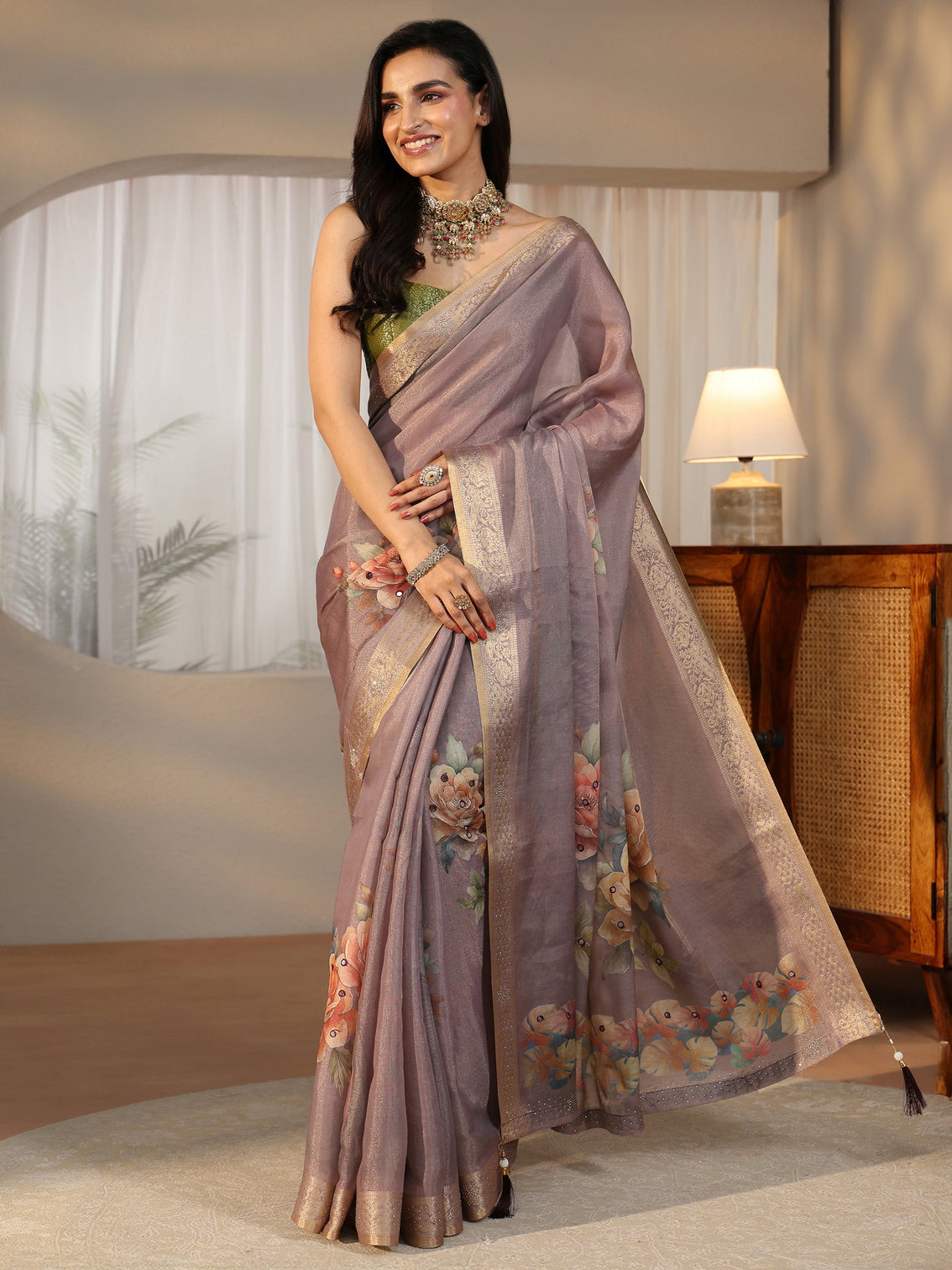 Mameraa Lavender Floral Printed Silk Blend Saree with Woven Border