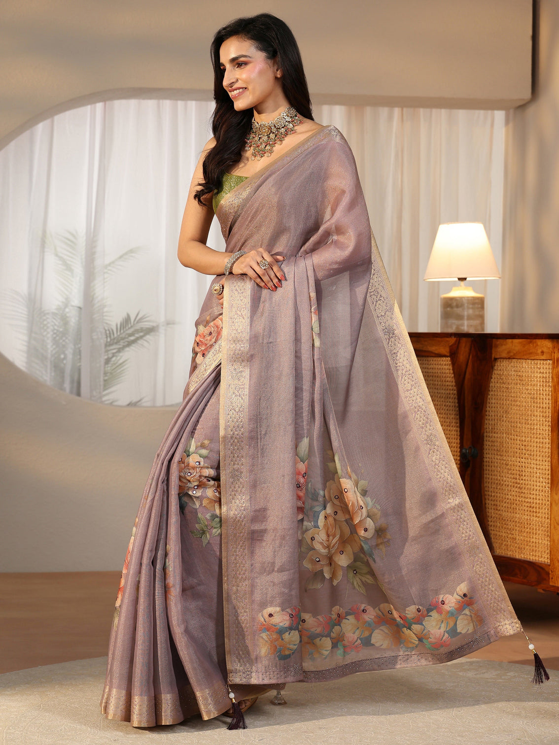 Mameraa Lavender Floral Printed Silk Blend Saree with Woven Border