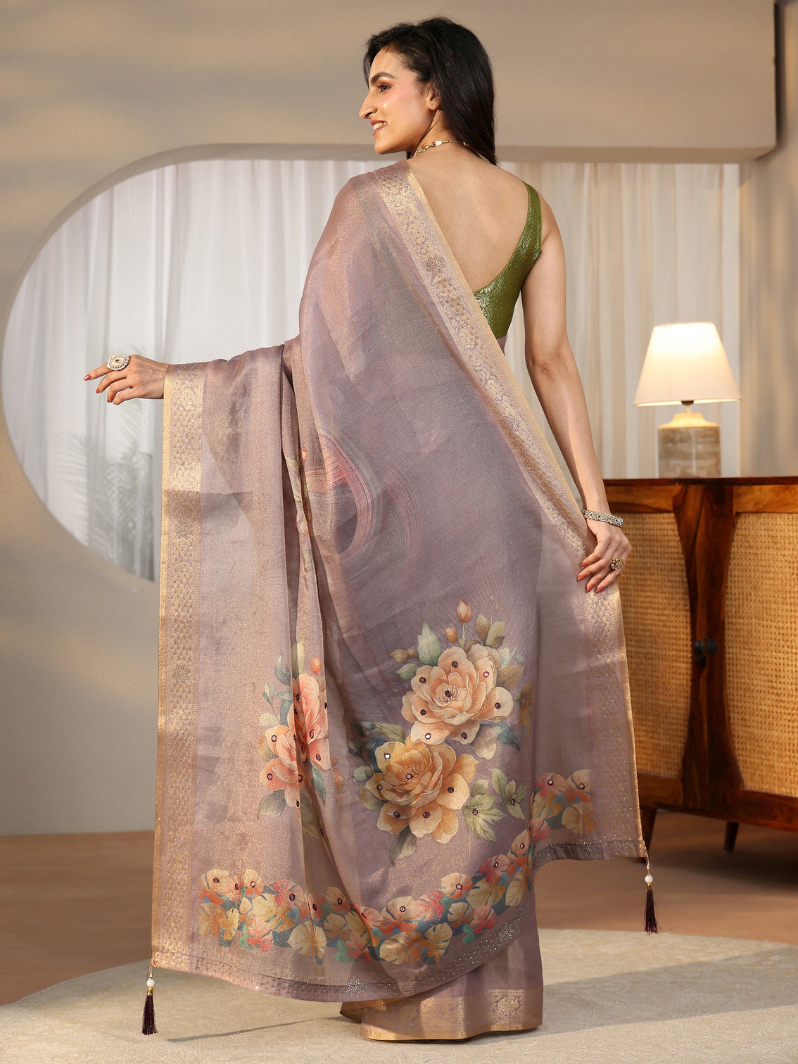 Mameraa Lavender Floral Printed Silk Blend Saree with Woven Border
