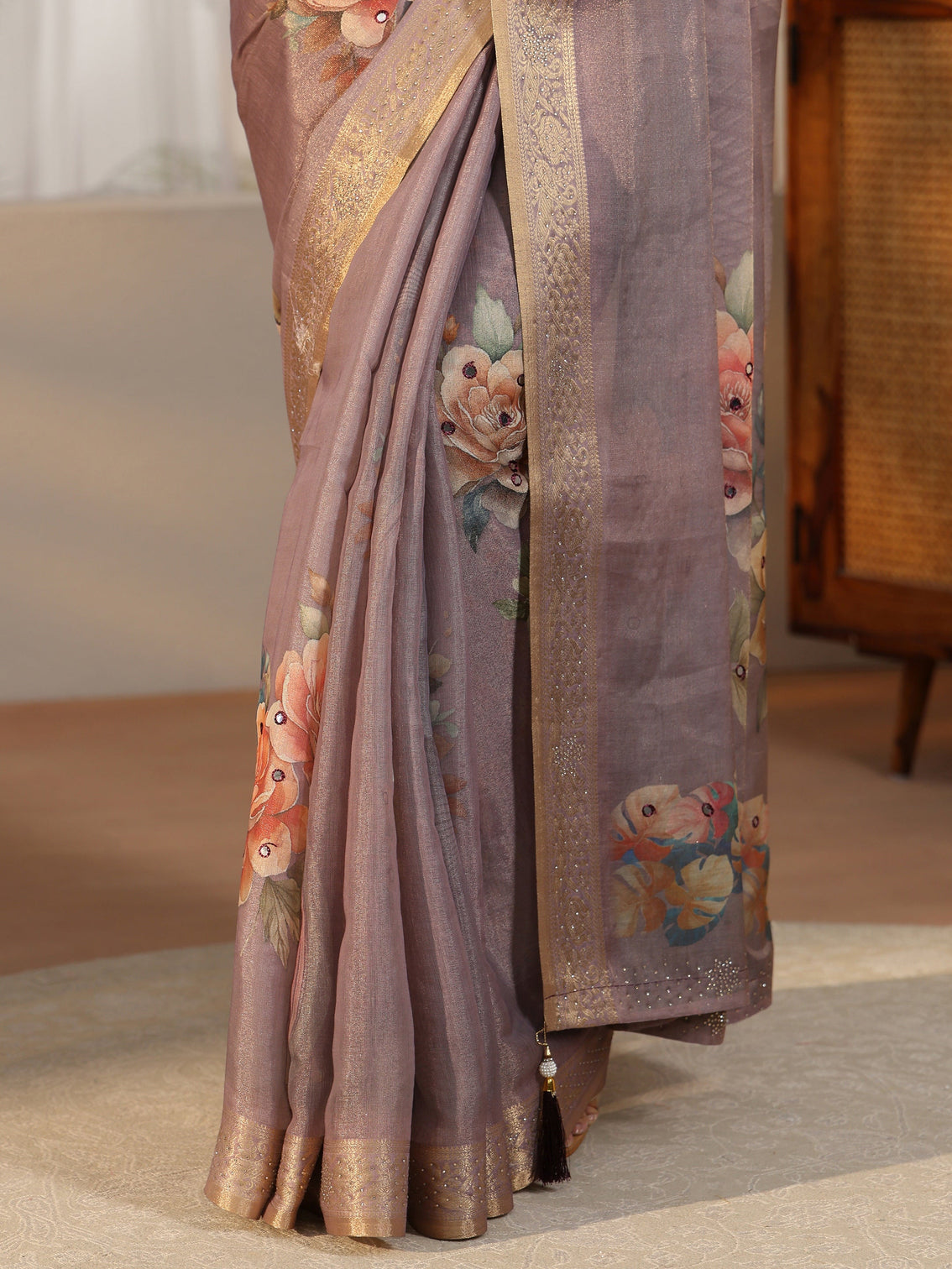 Mameraa Lavender Floral Printed Silk Blend Saree with Woven Border