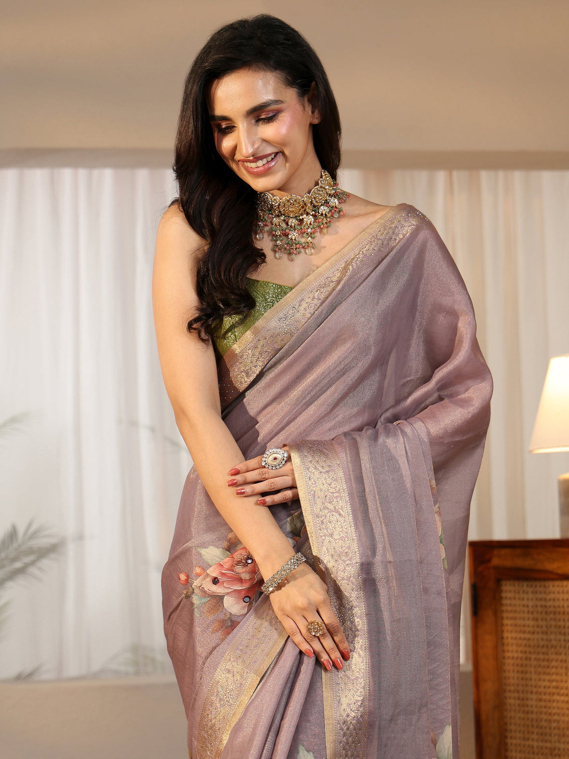 Mameraa Lavender Floral Printed Silk Blend Saree with Woven Border
