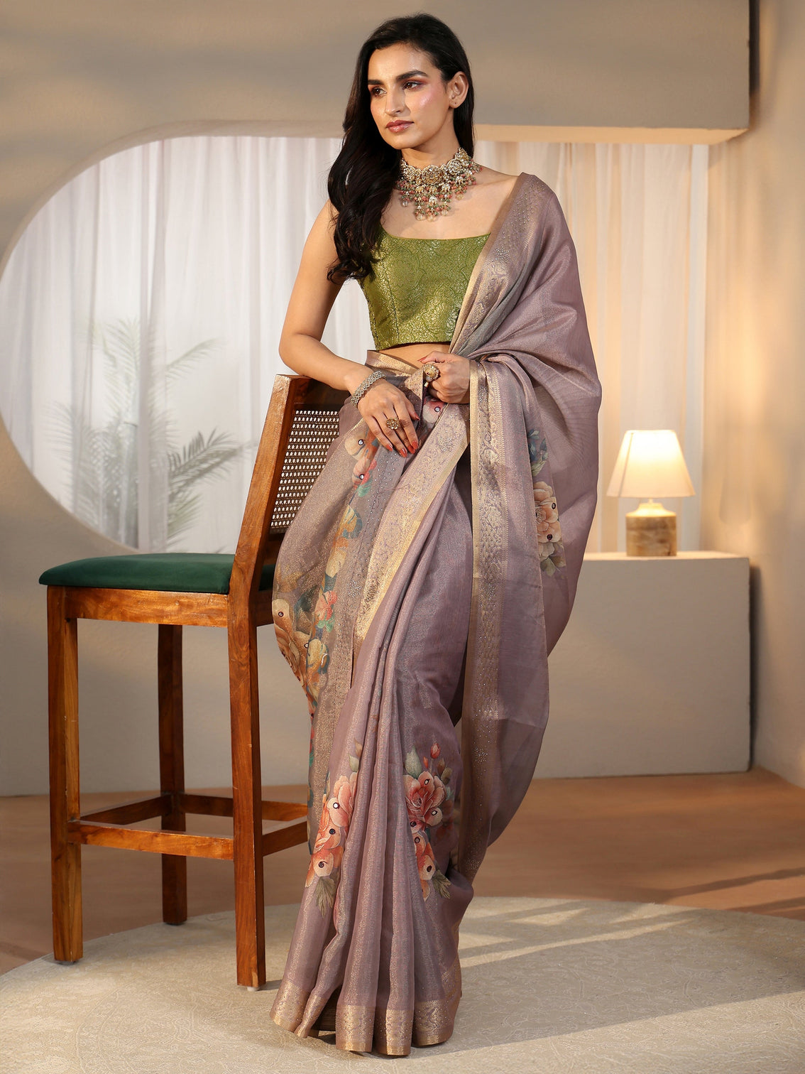 Mameraa Lavender Floral Printed Silk Blend Saree with Woven Border