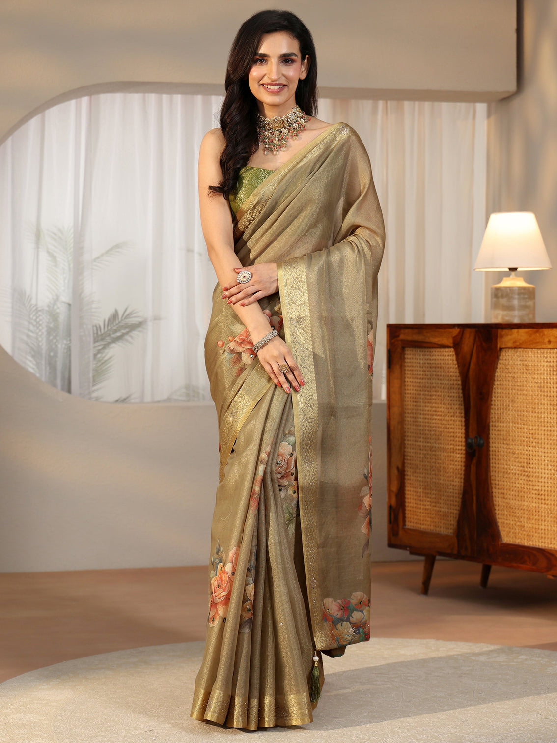 Mameraa Dusty Olive Green Floral Printed Silk Blend Saree with Woven Border