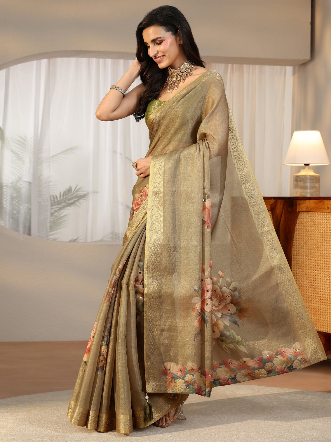 Mameraa Dusty Olive Green Floral Printed Silk Blend Saree with Woven Border