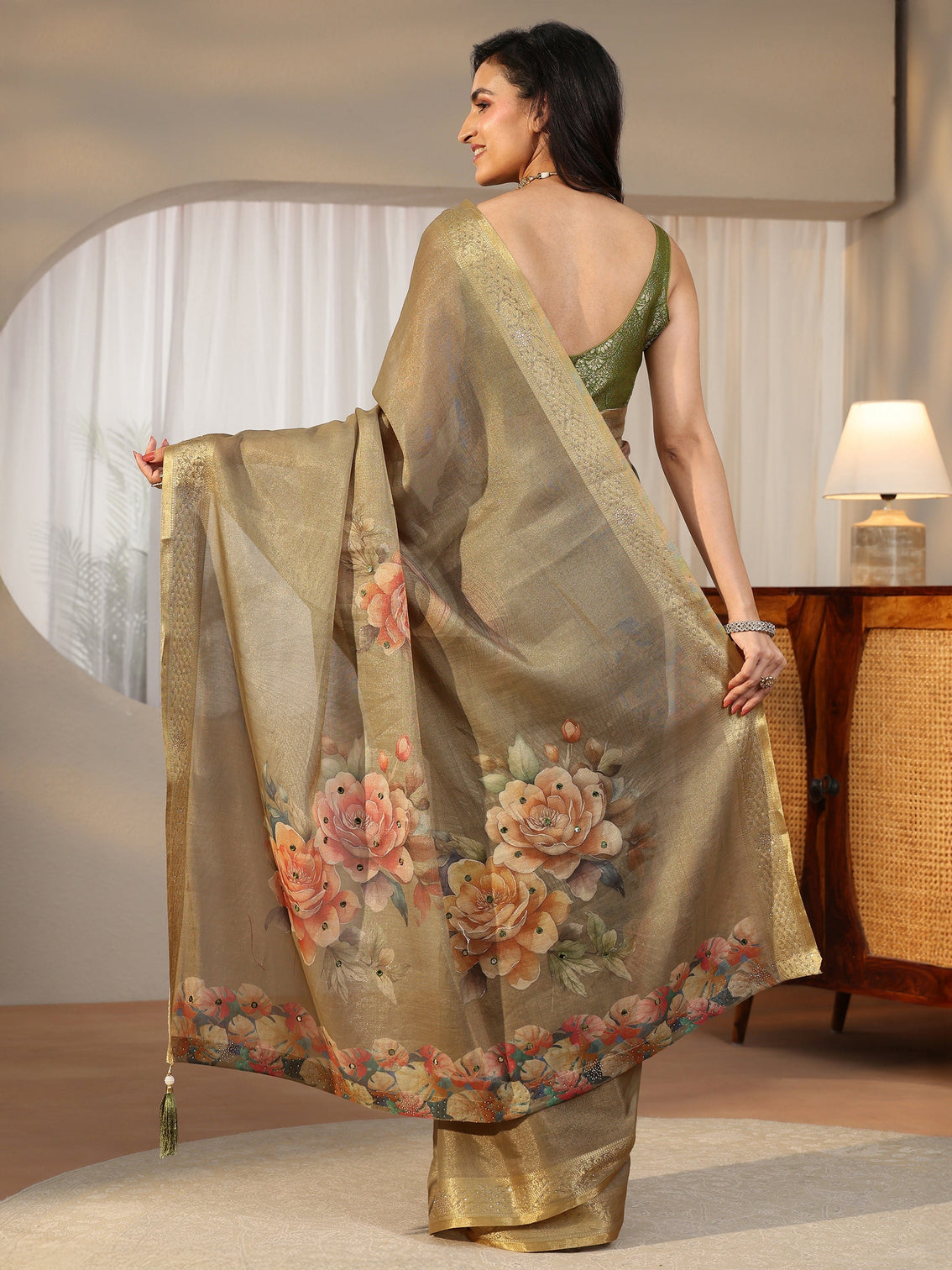 Mameraa Dusty Olive Green Floral Printed Silk Blend Saree with Woven Border