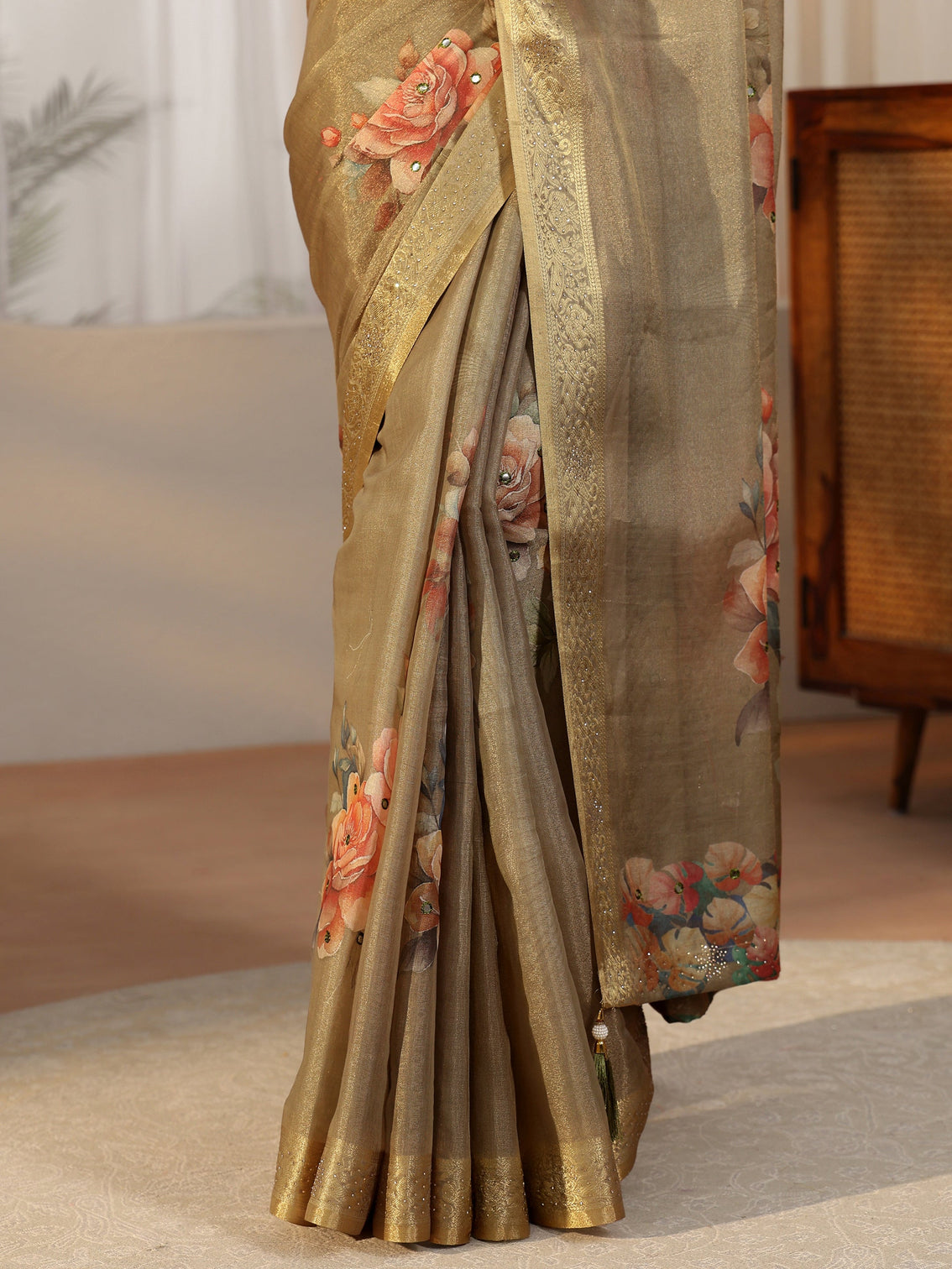 Mameraa Dusty Olive Green Floral Printed Silk Blend Saree with Woven Border