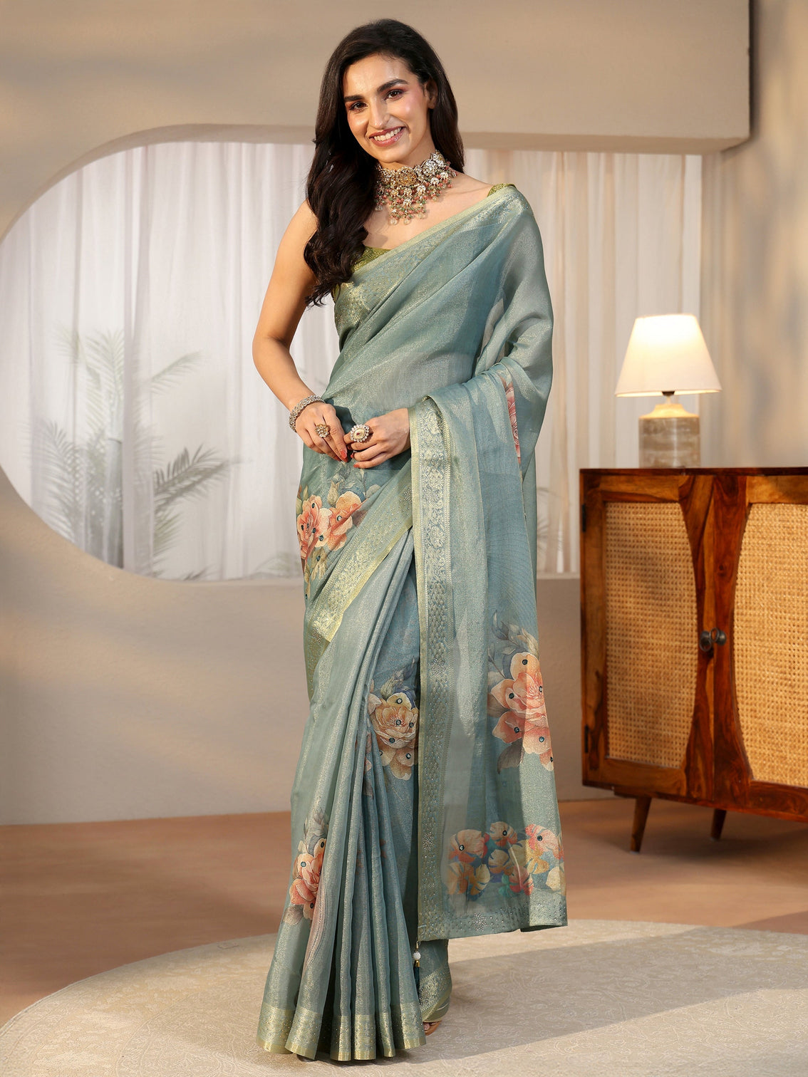 Mameraa Dusty Aqua Blue Floral Printed Silk Blend Saree with Woven Border