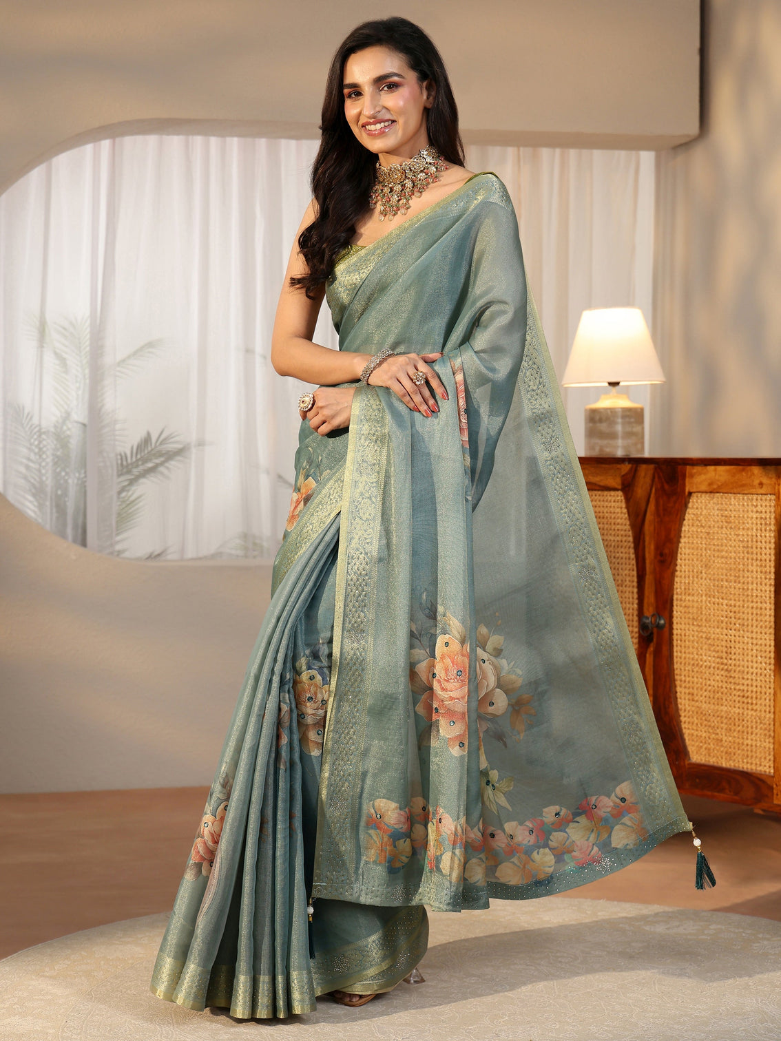 Mameraa Dusty Aqua Blue Floral Printed Silk Blend Saree with Woven Border