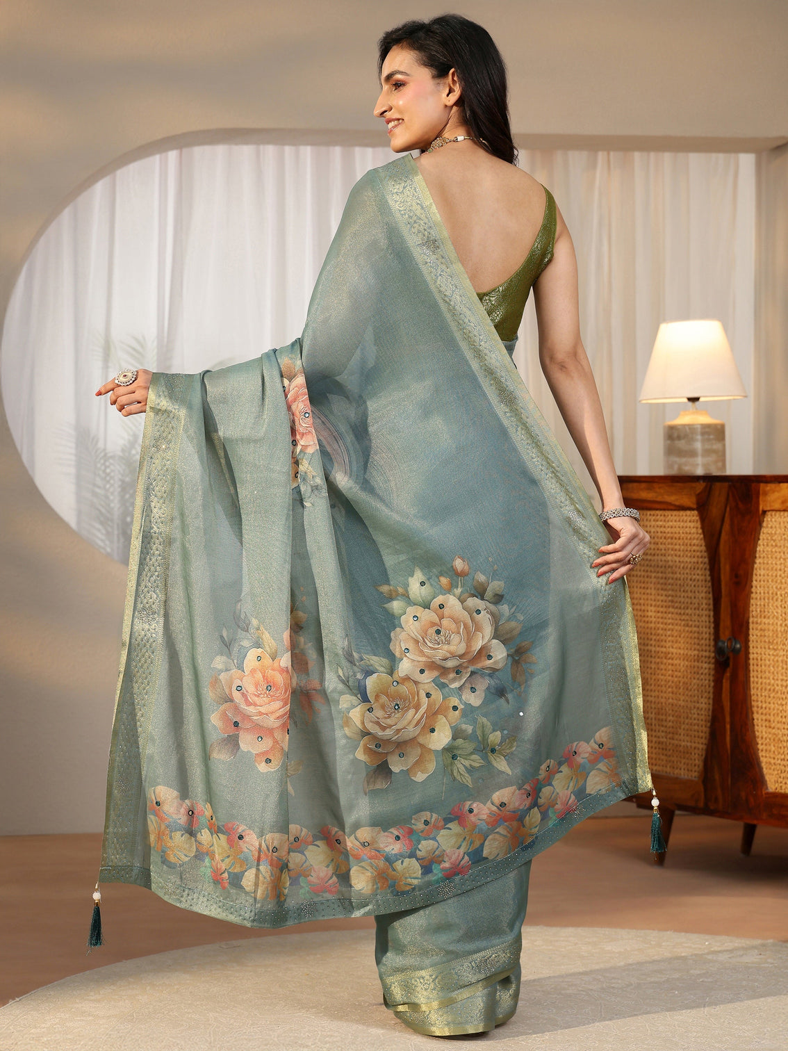Mameraa Dusty Aqua Blue Floral Printed Silk Blend Saree with Woven Border