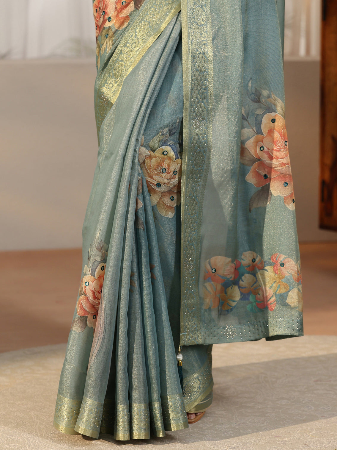 Mameraa Dusty Aqua Blue Floral Printed Silk Blend Saree with Woven Border