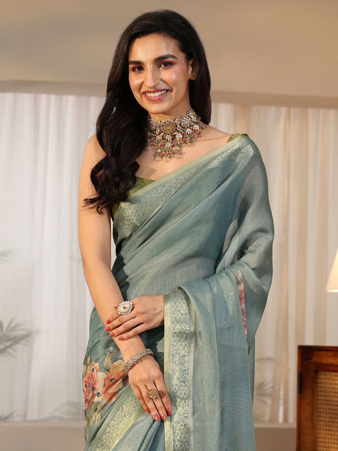 Mameraa Dusty Aqua Blue Floral Printed Silk Blend Saree with Woven Border