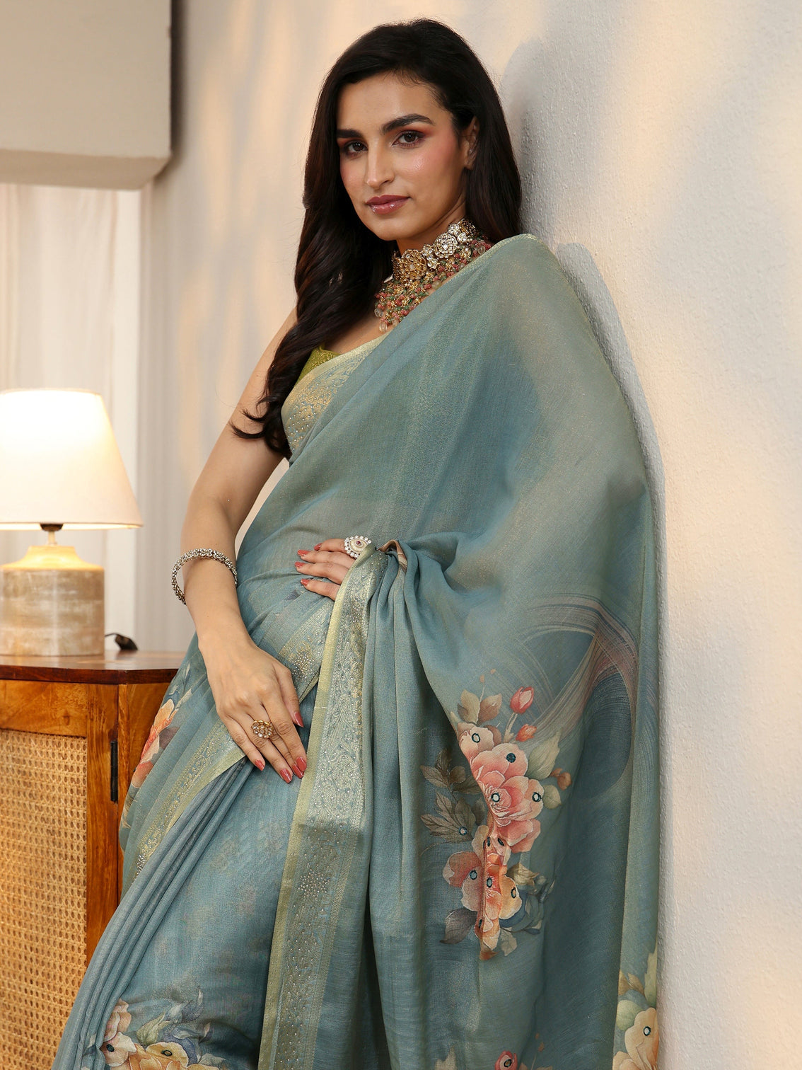 Mameraa Dusty Aqua Blue Floral Printed Silk Blend Saree with Woven Border