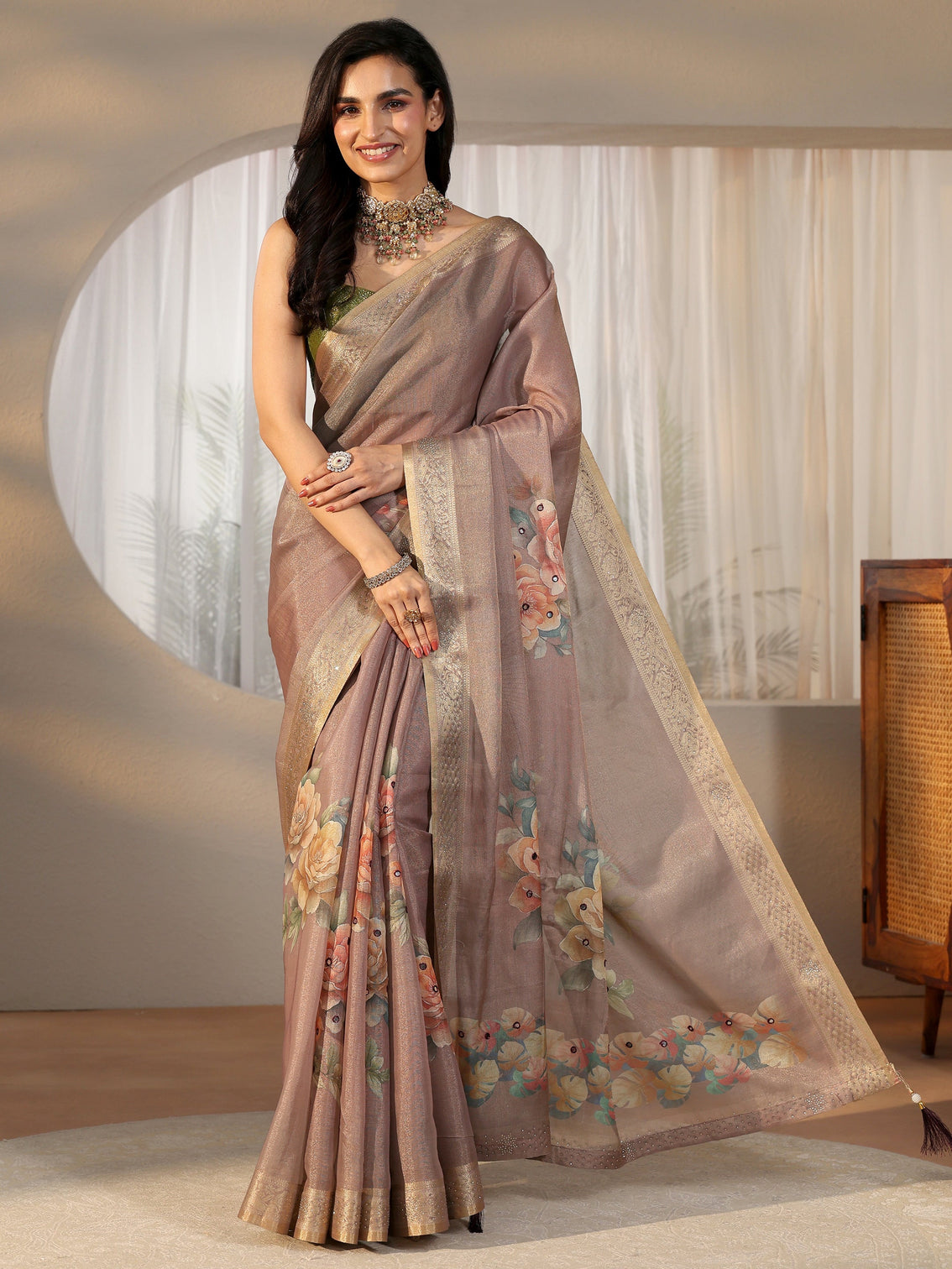 Mameraa Mauve Floral Printed Silk Blend Saree with Woven Border