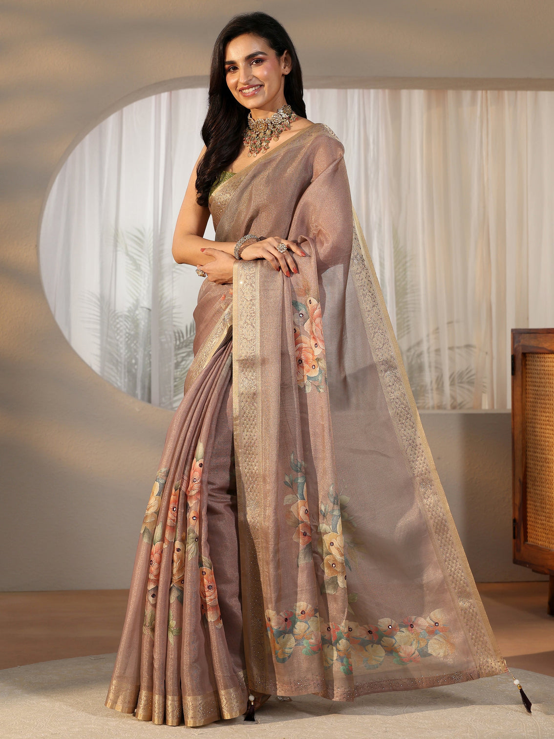 Mameraa Mauve Floral Printed Silk Blend Saree with Woven Border
