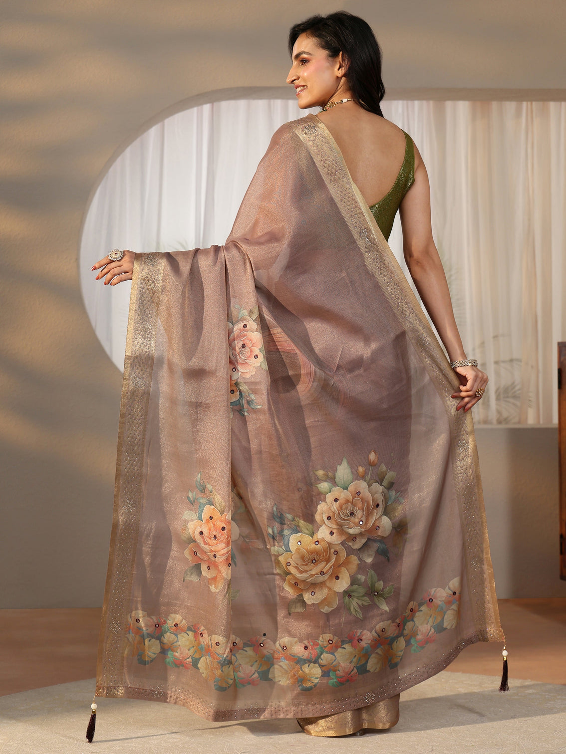 Mameraa Mauve Floral Printed Silk Blend Saree with Woven Border