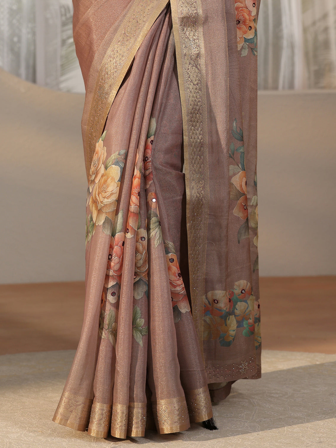 Mameraa Mauve Floral Printed Silk Blend Saree with Woven Border