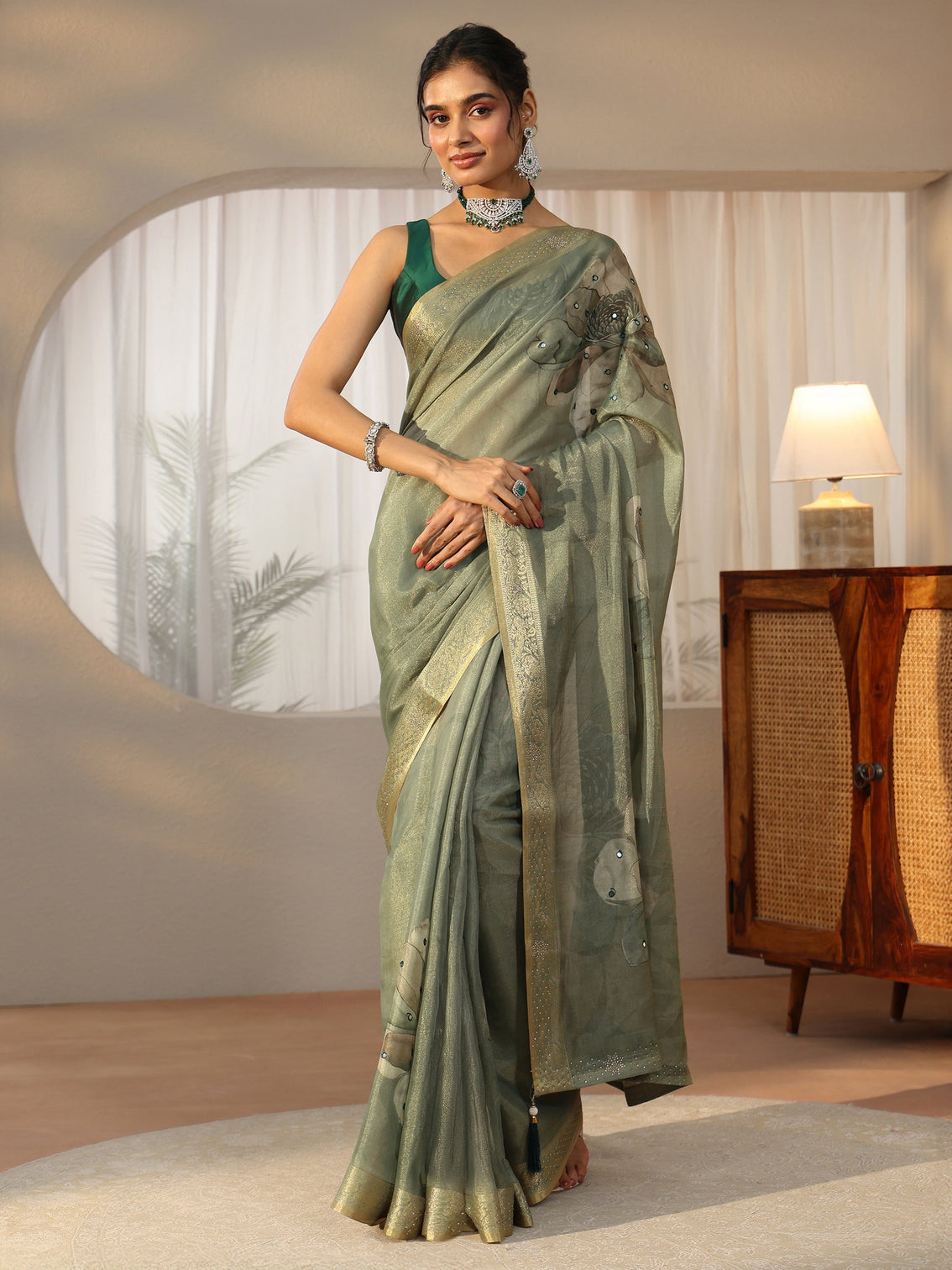 Mameraa Sage Green Floral Printed Silk Blend Saree with Woven Border