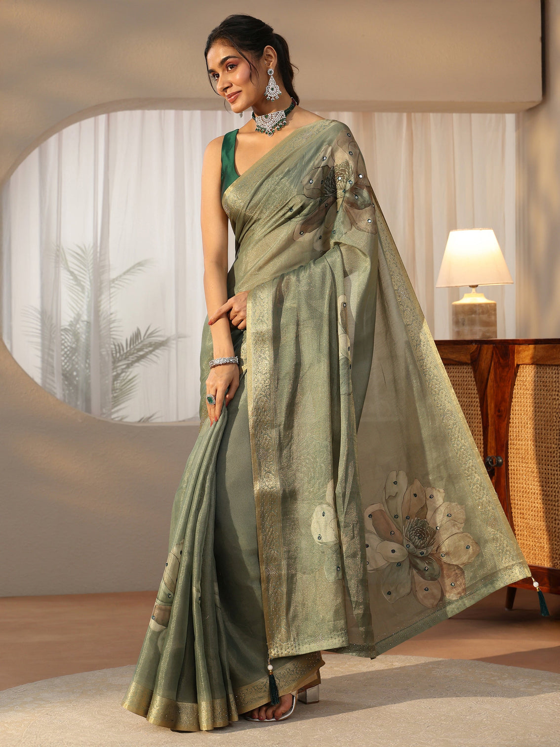 Mameraa Sage Green Floral Printed Silk Blend Saree with Woven Border