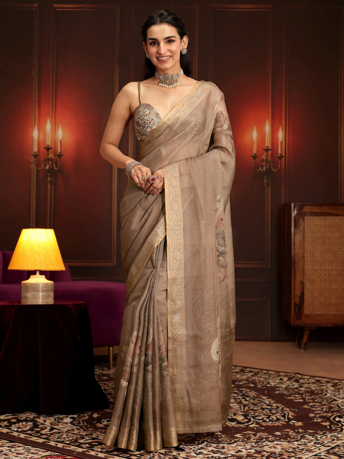 Mameraa Brown Floral Printed Silk Blend Saree