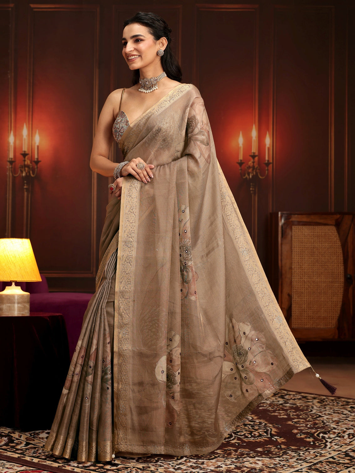 Mameraa Brown Floral Printed Silk Blend Saree