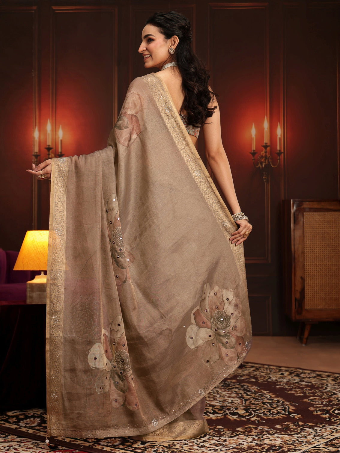 Mameraa Brown Floral Printed Silk Blend Saree